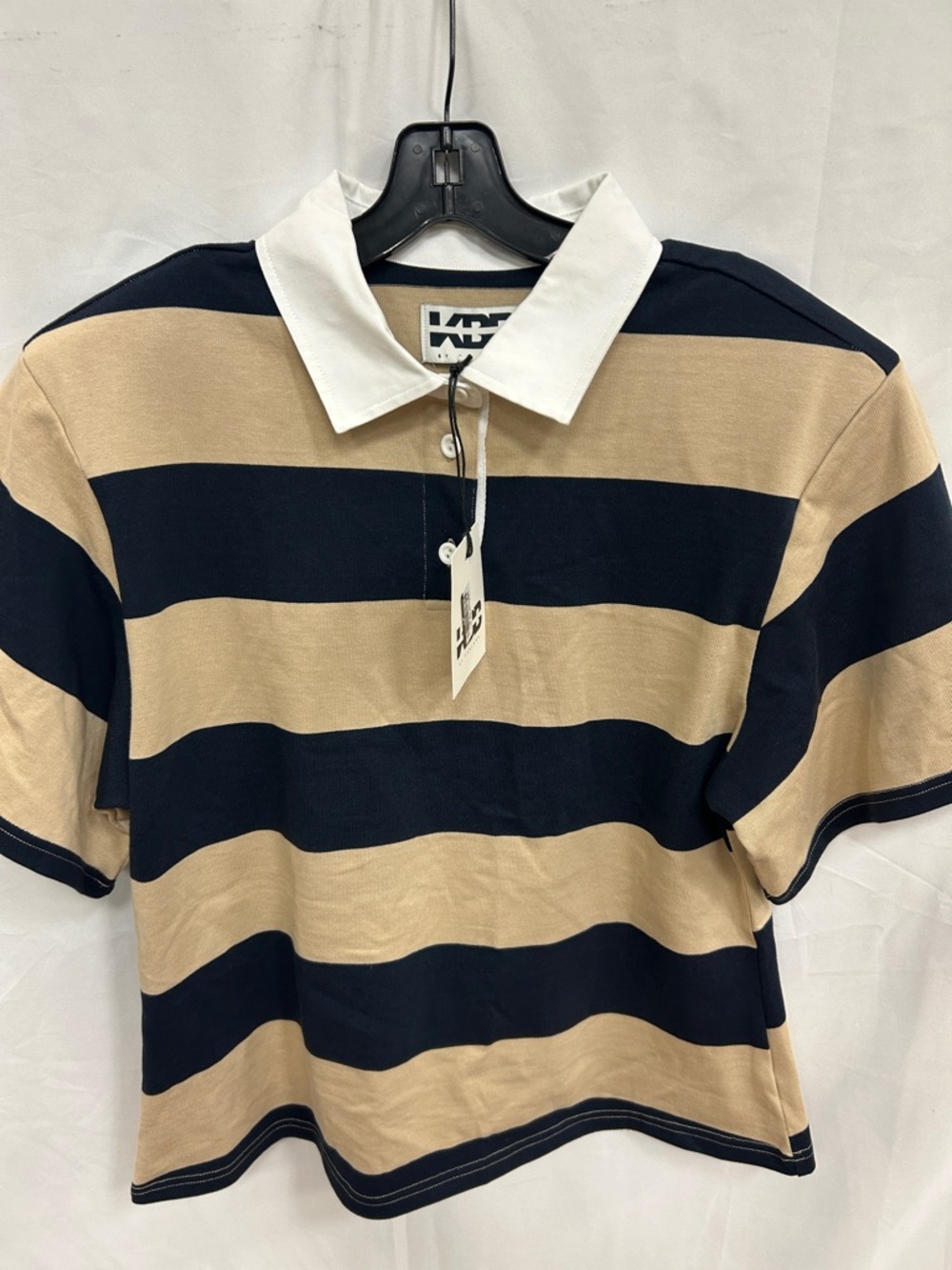Striped Short-Sleeve Rugby Polo - Beige & Navy